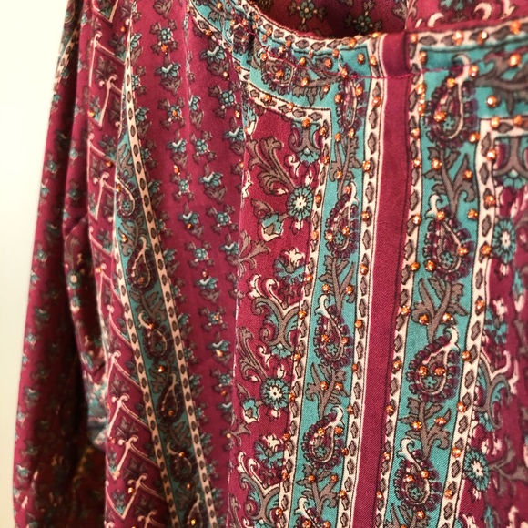 Vintage Burgundy Block Print Embellished 3/4 Sleeve Tunic Size XL Runs Small - Picture 1 of 5